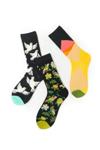 Detailansicht kreativer Crew-Socken mit Tauben-, Papagei- und geometrischen Mustern.
