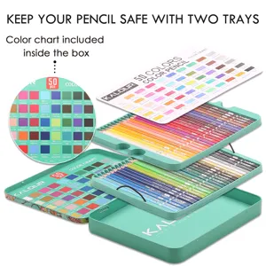 Kalour 50-color oil-based colored pencil set with tin box and color chart for art drawing.