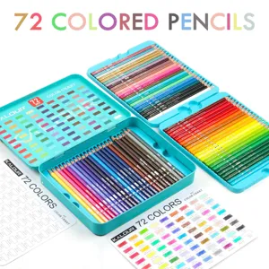 Detailed view of the 72 colored pencils set in metal tin with vibrant pigment and color chart.