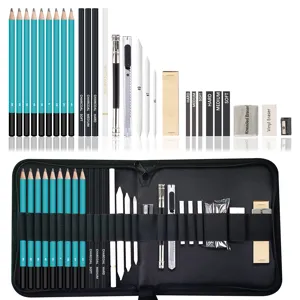 Detailed view of the 28-piece sketching pencil set showing various pencils and drawing tools inside case.