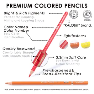 Detailed view of Kalour colored pencils featuring soft core and wood material quality.