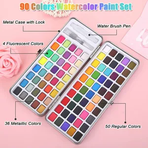 90 Kleuren Aquarel Verf Set Draagbare Metalen Doos Professionele Kunst Benodigdheden