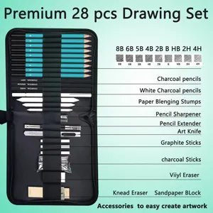 28 pcs professional drawing set with pencils, charcoal, and sketching tools in a zipper case.