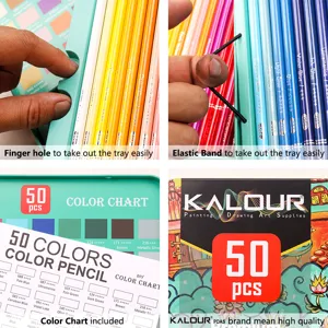 KALOUR 50 colored pencils set with tin box, color chart, and tray design for easy drawing.