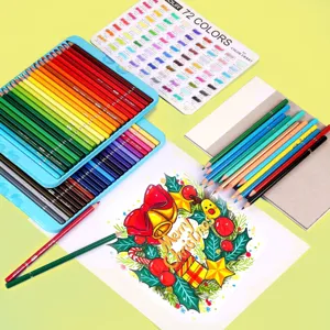 Professional 72-color oil-based colored pencils set with tin box, color chart, and sketchpad.