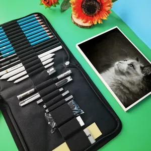 Professional 28-piece sketching pencil set with art supplies in a black portable canvas case.