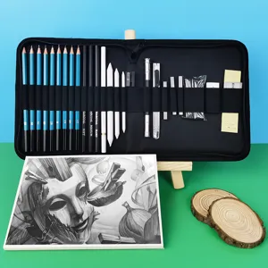 Detail view of 28-piece sketching pencil set in black case with art tools and sketch pad.