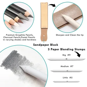 Detailed view of artist drawing tools including graphite pencils, blending stumps and sandpaper.