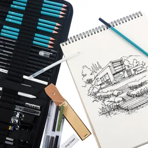 28-piece sketching pencil set detail view showing professional art drawing tools and accessories.