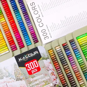KALOUR 300 colored pencils set in tin box with color chart for art drawing and sketching.