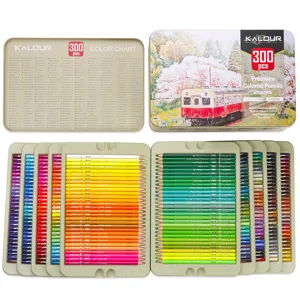Detailed view of Kalour 300 colored pencils set showing trays and color chart inside tin.