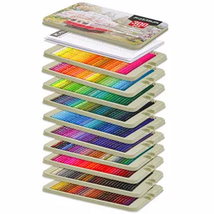 300 color oil-based colored pencils set in tin box for professional art drawing and sketching.