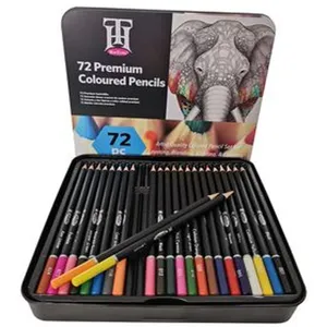 Detailed close-up view of 72 color oil colored pencils neatly arranged inside a black tin box.