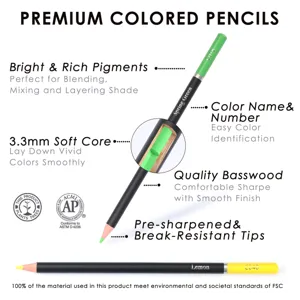 Premium colored pencils set with 3.3mm soft core, bright pigments, and break-resistant tips.