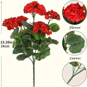 Artificial geranium flower bouquet red faux floral branch with detail view and size 34cm