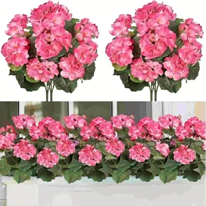 Artificial pink geranium flower bouquet and planter box for home and garden decoration details.