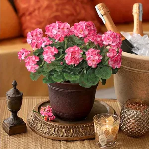 Detailed view of artificial pink geranium flower pot bouquet for home garden decor and wedding photo.