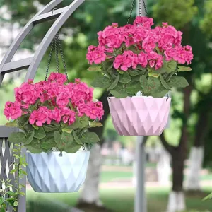 Detailed view of artificial geranium hanging basket for outdoor garden home decor display.