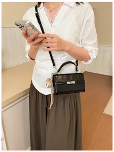 Women black PU leather top handle crossbody bag retro chic daily commute shoulder bag