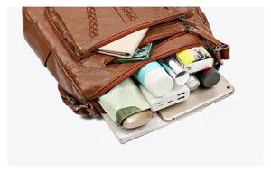 Women Large Capacity Shoulder Bag Multi-Pocket PU Leather Casual Crossbody Tote Handbag