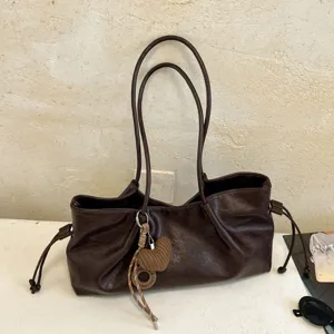 Large Capacity Tote Bag For Women PU Leather Retro Casual Shoulder Crossbody Bag With Drawstring And Cute Charm