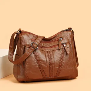 Women Large Capacity Tote Bag PU Leather Casual Crossbody Shoulder Bag Multiple Zipper Pockets Fashion Handbag