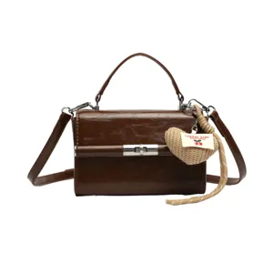 Brown retro top handle bag women fashion commuting shoulder crossbody square bag chic style
