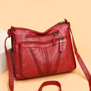 Stylish red PU leather multi-pocket women shoulder crossbody bag large capacity tote handbag.