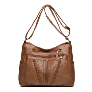 Large capacity brown leather women shoulder bag crossbody tote bag multi-pocket casual daily