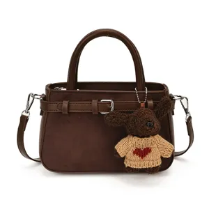 Retro brown women handbag suede shoulder crossbody bag with cute dog pendant fashion