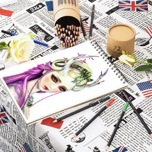 Professional 75-piece colored pencil set detail showing 72 oil-based colors with sketchbook.