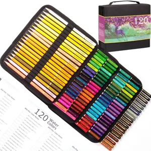 Detail shot of 120 watercolor colored pencils set in black fabric case with color chart.