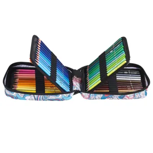 Detailed view of the 72-color colored pencil set in a patterned zipper case for art.