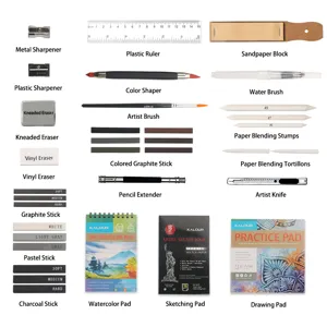 Detailed view of 142-piece art sketching pencil set components, including brushes and erasers.
