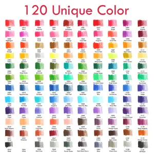 Professional 120 colored pencils color chart set, unique shades for art drawing and sketching.