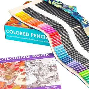 Detailed view of 72 colored pencils set with canvas roll bag, box and coloring book for art.