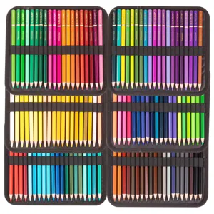 Detailed view of Kalour 120 watercolor colored pencils set, arranged neatly in black case.