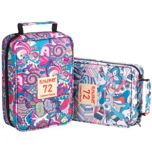 Detailed view of 72 slots colored pencil case with abstract pattern and sturdy handle.
