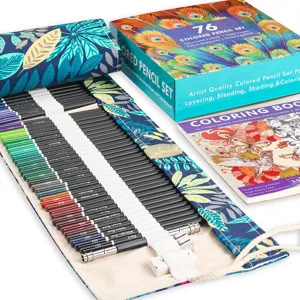 Detailed view of 76-piece colored pencil set featuring 72 vibrant pencils, roll canvas bag & book.