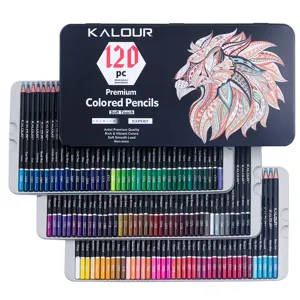 KALOUR 120-piece oil-based colored pencils set in metal tin with lion art design for artists.