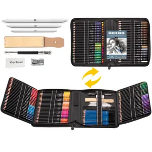 Detailed view of 145-piece colored pencil and sketching tool set with organized case.
