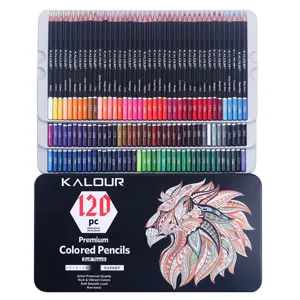 Kalour 120 colored pencils set in tin box, professional oil-based art drawing supplies detail.