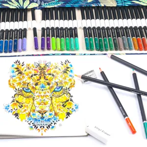 Detailed view of 72-color colored pencil set with roll-up canvas bag and coloring book.
