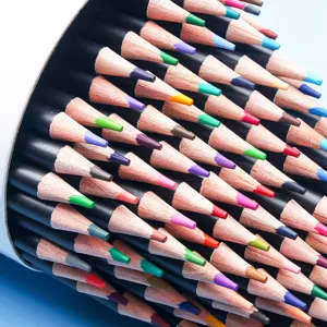 Detailed view of professional oily colored pencils set, vibrant multi-color pencil tips.