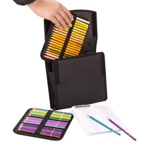 Detailed view of 120-color watercolor pencil set with black canvas case, inner trays and swatch.