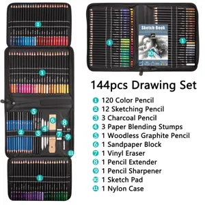 Detailed view of 144pcs professional drawing colored pencil and sketching art tool set.