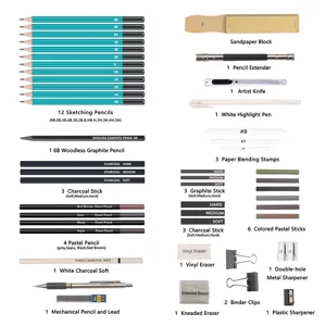 Ensemble de 50 crayons de dessin et fusains avec accessoires pour croquis et esquisses.