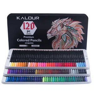 Detail view of 120 colored pencils set in tin box, showing multi-layered trays and rich colors.