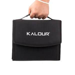 Detailed view of the black canvas pencil case featuring a convenient handle and secure flap.