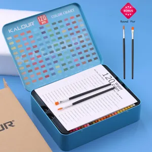 Detailed view of 120-color watercolor pencil set, showing color chart and matching brushes.